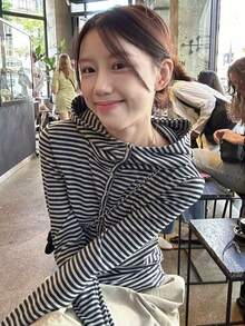 Women's Korean Style Chic Striped Hooded Long Sleeve T-Shirt, Slim Fit Flattering Base Layer Top For Early Autumn - Navy Blue - View 4
