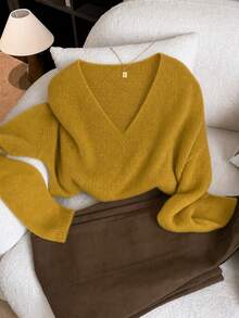 Women's Spring Autumn V-Neck Thin Loose Soft Cozy Slouchy Minimalist Versatile Fashion Solid Color Knit Top Outerwear Base Layer Daily Outfit - Ginger - View 1