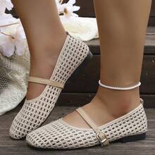Women's Breathable Hollow Woven Single Strap Buckle Solid Color Square Toe Flat Mary Jane Shoes, Vintage Style, Daily Commute, Spring/Summer, Beige, Low Vamp - Apricot - View 6