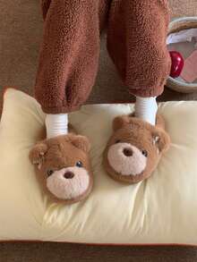 XIXITIAO Cute Big‑Eye Bear Fuzzy House Slippers, Warm Plush Couple Winter Cozy Indoor Home Slippers - Yellow-brown - View 7