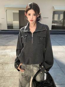 Spring/Autumn Vintage Hot Girl Oversized Half-Zip Pullover Sweatshirt With Large Collar, Stand Collar, Pockets, Multi-Wear Top - Dark Grey - View 5