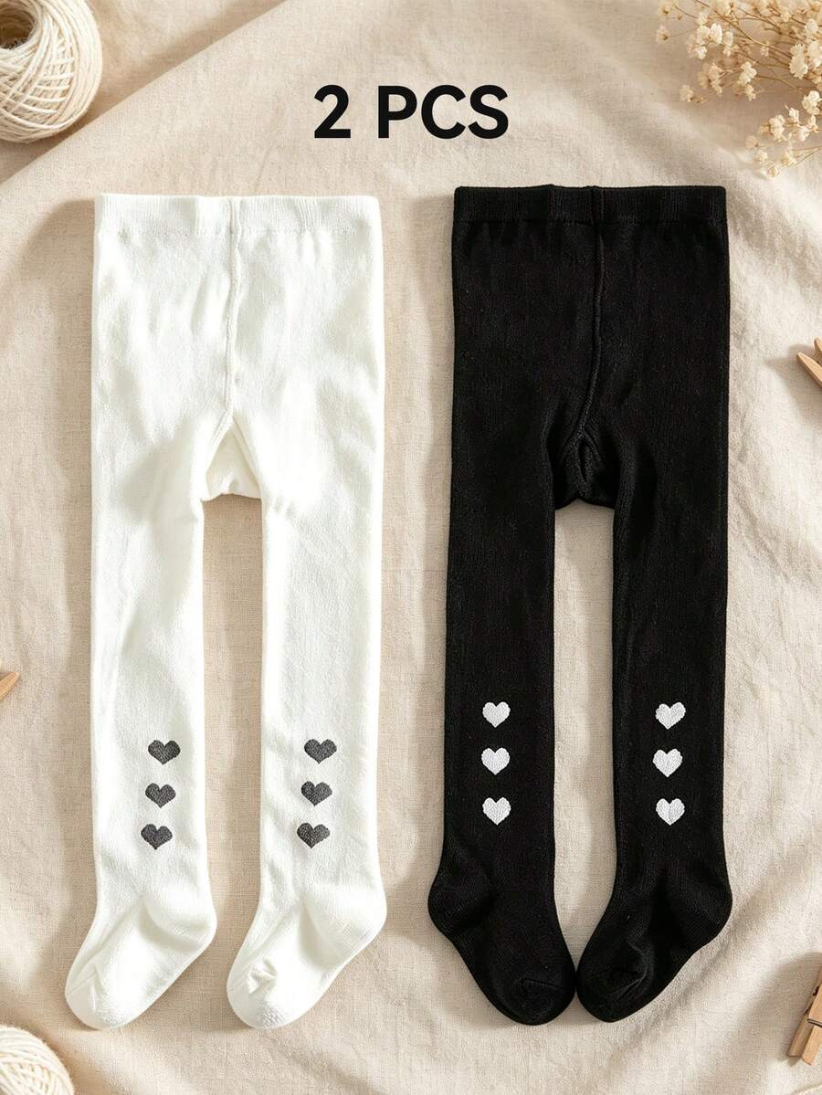 2 Pairs Baby Infant Solid Color Heart Pattern Tights, Versatile Minimalist Style All-Match Color Tights For Baby Girls - Multicolor - View 1