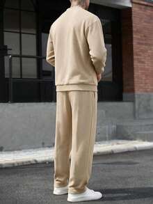 Men's Autumn/Winter Sports Sweatshirt & Sweatpants 2 Pieces Set, Casual Fashion Versatile Outfit - Khaki - View 4