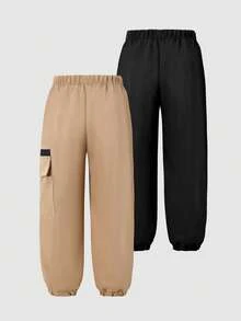 2pcs/Set Boys Casual Loose Solid Color Pocket Cargo Pants, School, Campus, College - Multicolor - View 3