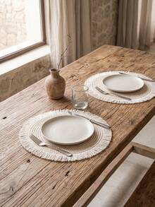 1/2/4/6/12pcs Beige Tassel Woven Placemats, Natural Rustic Style, Cotton Rope Material, Round Tassel Edge And Woven Texture Details, Heat-Resistant And Anti-Slip, Tabletop Protection And Decorative Enhancement, Suitable For Incense Ceremony, Meditation And Rustic Home Decor - White - View 5