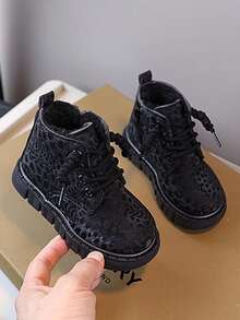 Kids' Leopard Print Thermal Lined Ankle Boots, Winter Thickened Warm Boots, Non-Slip Wear-Resistant Lace-Up Boots For Boys And Girls - Black - View 2