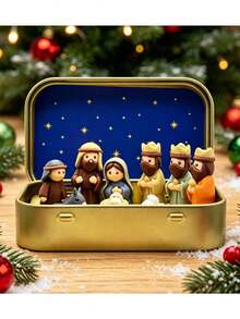 Mini Christmas Nativity Scene In Tin Box, Handmade Pocket Christmas Scene Gift, Small Religious Home Decor, Suitable For Office, Bookshelf, Desk, Travel - Multicolor - View 1