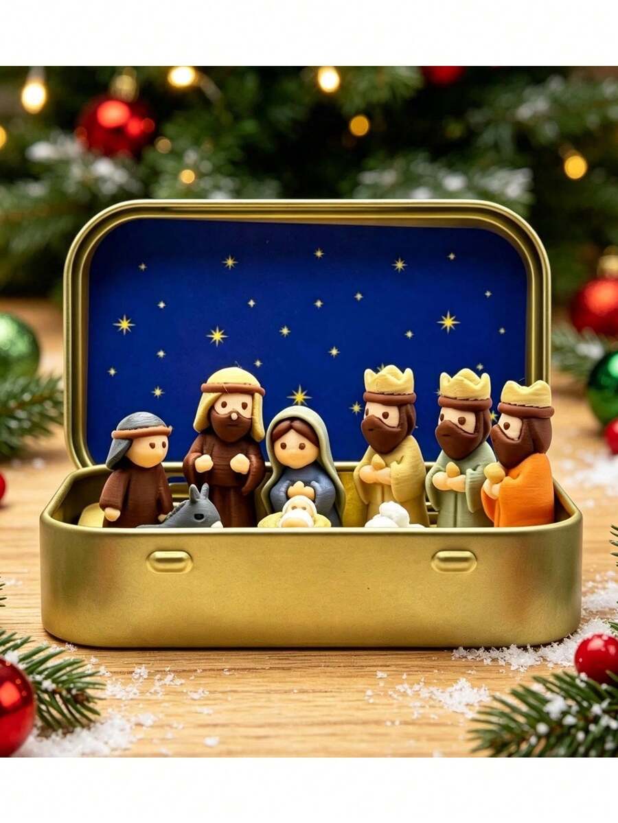 Mini Christmas Nativity Scene In Tin Box, Handmade Pocket Christmas Scene Gift, Small Religious Home Decor, Suitable For Office, Bookshelf, Desk, Travel - Multicolor - View 1