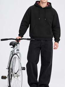 Men's Black Pullover Hoodie, Plaid-Lined Drawstring Hood, Kangaroo Pocket, Ribbed Cuffs And Hem, Casual Long Sleeve Sweatshirt For Fall Winter - Black - View 7