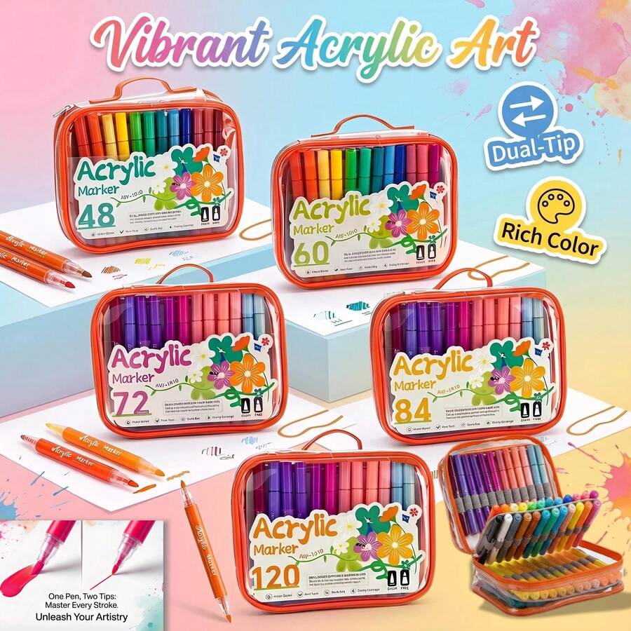 Dual-Tip Acrylic Markers, 120/84/72/60/48 Vibrant Colors Available, Dual-Tip Design (1-2mm Round Tip + 1-5mm Fine Tip) Paint Pens, Suitable For Multiple Surfaces - Stone, Glass, Wood, Canvas, Paper - Dual-tip Marker Set - View 1
