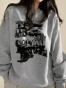 Niche Distressed Ink Splatter Handwritten Letter Crew Neck Sweatshirt, Oversized Streetwear Casual Autumn Long Sleeve - Light Grey - View 1