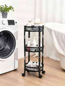 1 Pc No‑Installation 3‑Tier Round Rolling Storage Rack, Foldable Metal Basket Body, Equipped With Universal Casters, Unfold And Use Right Out Of The Box, Suitable For Kitchen, Bathroom, Living Room, Bedroom And Home Sundries Storage - Black - View 3