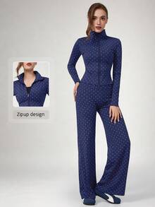 NcmRyu Women's One Set Polka Dot Stand Collar Long Sleeve Zipper Jacket & Straight Wide Leg Pants - Navy Blue - View 11
