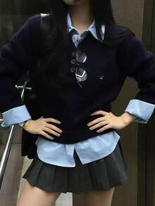 Autumn/Winter Sweater Design Layered Shirt 2-In-1 Long Sleeve Knit Cardigan - Navy Blue - View 3