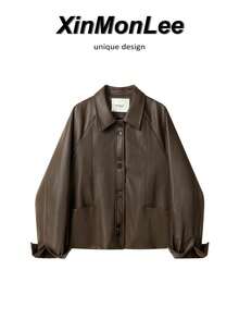 American Retro New PU Leather Jacket Spring Lapel Casual Korean Style Short Jacket Vacation Leisure Travel Daily Elegant - Coffee Brown - View 1