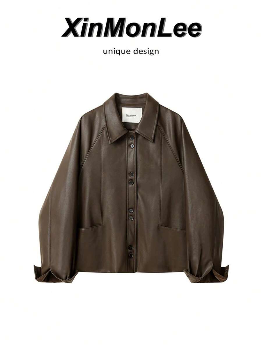 American Retro New PU Leather Jacket Spring Lapel Casual Korean Style Short Jacket Vacation Leisure Travel Daily Elegant - Coffee Brown - View 1
