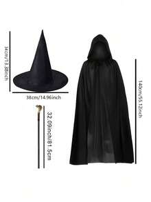 3-Piece Fantasy Wizard Costume Set, Unisex, Includes Hooded Cloak, Wizard Hat And Magic Wand, Suitable For Halloween And Cosplay Events - Multicolor - View 11
