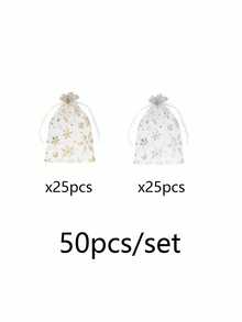 50pcs/Set Christmas Snowflake Print Organza Drawstring Gift Bags, Red Silver Mesh Pouch For Xmas Party Favor Packaging - Multicolor - View 10