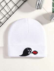 1pc Embroidered Halloween Bat Knit Beanie, Unisex Warm Halloween Party Street Skateboard Pullover Hat, Outdoor Casual Personalized Cold Weather Cap - White - View 12