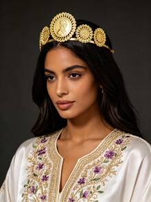 1Pc Vintage Gold Scalloped Embossed Portrait Coin Crown For Women, Multi Coin Flower Frame Headdress, Wedding Banquet Hair Accessory - Gold - View 5