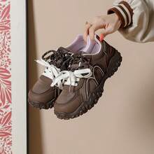 Women's Colorblock Hiking Style Casual Sports Shoes, Dual Lace Design, Thick Sole Rugged Outdoor Walking Shoes - Brown - View 2