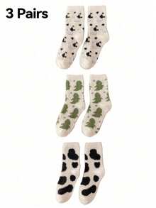 2 Pairs Cute Cow Pattern Plush Round Neck Fluffy Socks, Thick Warm Coral Fleece Socks, Soft And Comfortable, Suitable For Daily Wear, Holiday, Winter Home Warmth, Warm And Caring - Multicolor - View 17