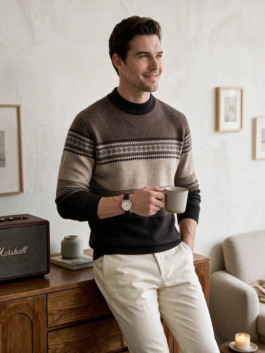 Men's Thick Patterned Knit Sweater, Casual British Style Business Commute Knitwear, Runs Small - Coffee Brown - View 1