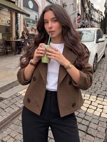 Women's Solid Brown Cropped Coat, Collared Double Breasted Short Jacket For Elegant Fashion, Commute, Business, Spring Fall Winter Wardrobe Essential - Brown - View 3