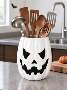 1pc/2pcs Halloween Pumpkin Utensil Organizer, Jack-O'-Lantern Face Countertop Holder For Ladles, Spoons & Spatulas, White/Orange Kitchen Decor - Multicolor - View 8