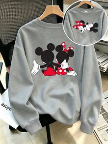 Disney Sweatshirt Lengan Panjang Leher Bulat Gaya Sporty Motif Mickey & Minnie Dua Sisi Ukuran Plus untuk Wanita, Musim Gugur/Dingin - Grey - View 1