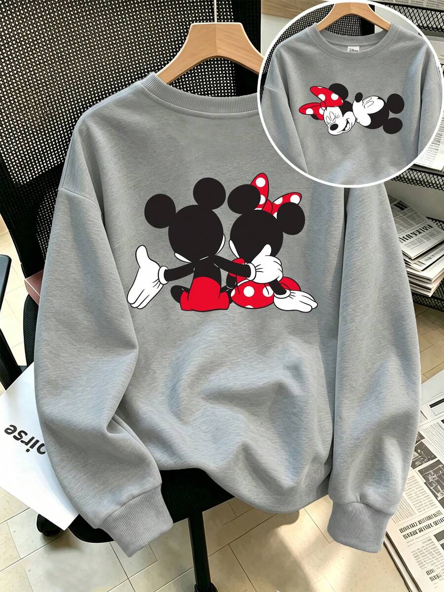 Disney Sweatshirt Lengan Panjang Leher Bulat Gaya Sporty Motif Mickey & Minnie Dua Sisi Ukuran Plus untuk Wanita, Musim Gugur/Dingin - Grey - View 1