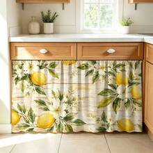 1PC Distressed Wood Grain Lemon White Flower Print Kitchen Cabinet Curtain,Lemon Flower Green Leaf Pattern Print,2D Flat Printing,Light-Transmitting,Fresh Pastoral Style,Suitable For Kitchen Shelf Cabinet Cover Decor - Multicolor - View 6