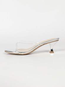 Glam Party Silver Clear PVC T‑Strap Toe‑Post Mule Heels, Square Toe Slip‑On Flared Mid‑Heel Transparent Strap Slide Sandals For Evening Occasion - Clear - View 8