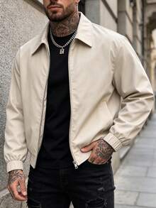 Men's Beige Turn-Down Collar Harrington Jacket, Full Zip Ribbed Cuffs And Hem Casual Outerwear, Suitable For Spring And Autumn Outings And Commuting - Apricot - View 3