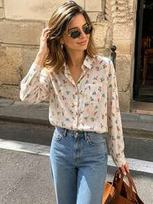 Women's Floral Print Front Button Casual Long Sleeve Shirt, Summer - Multicolor - View 1