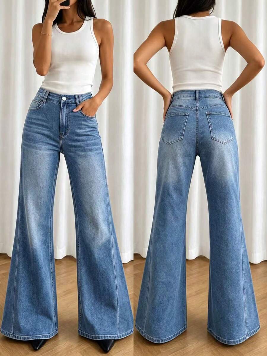 Women's Vintage Washed Straight Leg Jeans, Long Casual Slightly Stretchy Everyday Fashion Pants - Medium Wash - View 1