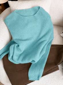 Women's Spring Autumn Loose Soft Cozy Slouchy Minimalist Versatile Fashion Solid Color Knit Top Outerwear Base Layer Daily Outfit - Mint Blue - View 3