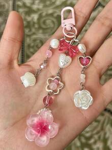 Pink Flower Bag Charm Y2K Cute Beaded Keychain Aesthetic Handmade Bag Pendant - Multicolor - View 2