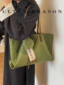 1pc Solid Color Suede Shoulder Bag, Women's Vintage Casual Tote Bag, Square Bag, Zipper Closure, Suitable For Daily Use - Green - View 2