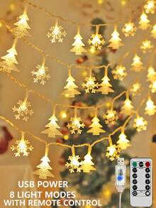 1件 8功能 USB供電遙控雪花 LED 燈串，吊掛纏繞裝飾，適用活動、派對、走廊、樓梯扶手 - 聖誕樹+雪花 - 查看 2