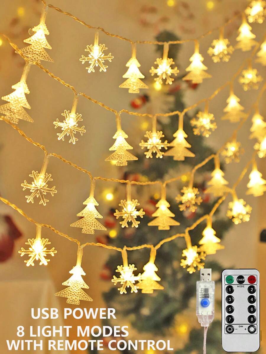 1件 8功能 USB供電遙控雪花 LED 燈串，吊掛纏繞裝飾，適用活動、派對、走廊、樓梯扶手