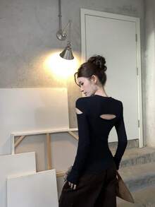 Women's Black Hollow Out Long Sleeve Top, Knitted Round Neck Regular Sleeve, Medium Stretch Autumn Outfit - Black - View 4