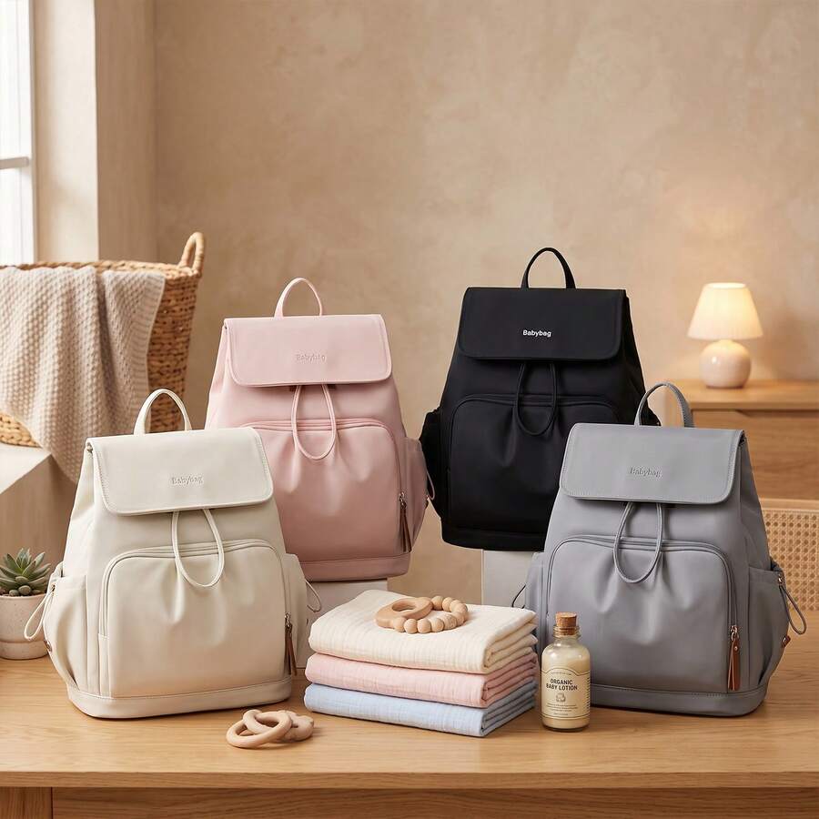 1pc Solid Color Decorative Nylon Diaper Bag With Bottle Pocket, Wide Shoulder Strap, Large Capacity, Fits Luggage Handle, Suitable For Moms' Daily Baby Care
