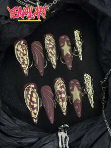 10片手工全覆蓋尖形穿戴甲，紅紫色啞光面，3D金色浮雕星星設計，Y2K奢華巴洛克風，可拆卸甲片附果凍膠與指甲锉，適合日常配戴、浪漫晚餐與晚間出遊 - 中紫紅色 - 查看 3