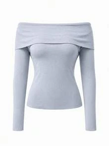 1pc Light Blue Thin Long Sleeve Inner Layer Sweater, Off-Shoulder Detail, Suitable For Daily Wear - Light Blue - View 2
