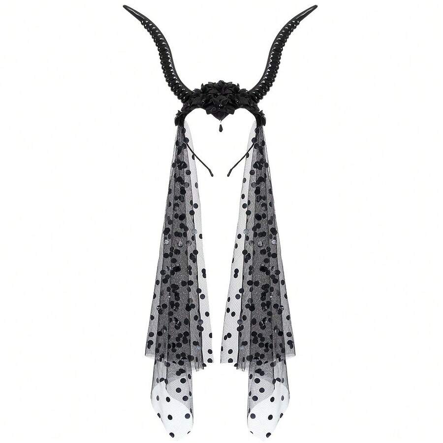 1pc Halloween Gothic Queen Dark Horn Mesh Headband Party Ball Performance Costume Holiday Hair Accessory Prop - Black - View 1