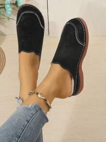 Women's Thermal Lined Closed Toe Wedge Heel Thick Sole Black Slip-On Comfortable Mule Slippers - Black - View 7