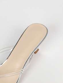 Glam Vacation Silver Metallic Clear PVC Thong‑Style Slip‑On Mule Heels, Square Toe Flared Mid‑Heel Slide Sandals For Evening Party Occasion - Clear - View 10