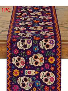 Day Of The Dead Sugar Skull Table Runner, Pillow Case, Placemat, Mexican Style Party Decoration, Purple Floral Candle Pattern, Day Of The Dead Tablecloth, Bohemian Kitchen Home Decor - Multicolor - View 9