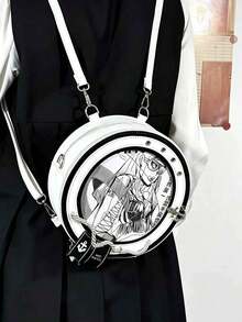 1pc Contrast Color Anchor Webbing Decor Round Ita Bag, PU Leather Transparent Visible Window Badge Storage Bag, Zipper Closure Japanese School Style Crossbody Bag, Anime Student Convention Commute Girl Shoulder Bag - Multicolor - View 3
